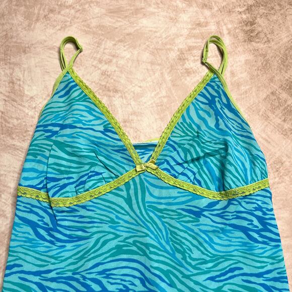 Vintage 90s Blue Animal Print Sheer Mesh Mini Slip Dress Lace Trim Lingerie Y2K - Picture 5 of 8